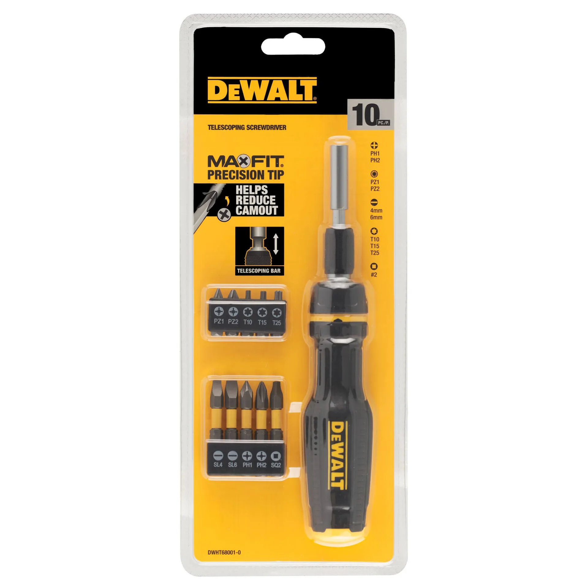 Викрутка - набор FULL FIT Telescoping, со сменными битами, 10 бит DeWALT DWHT68001-0.